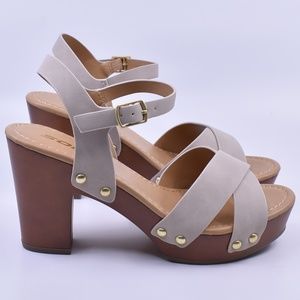 6.5 Women's Sand Faux Leather Copper Rivets Ankle & Toe Strap Heeled Sandal